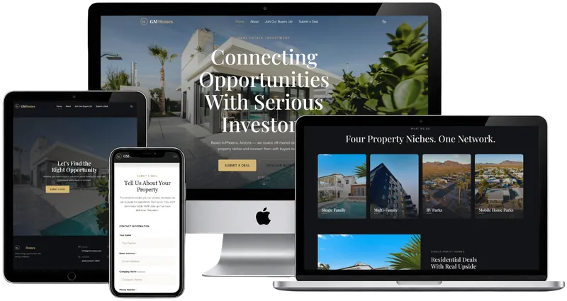 GM Homes website shown on desktop, laptop, tablet and phone